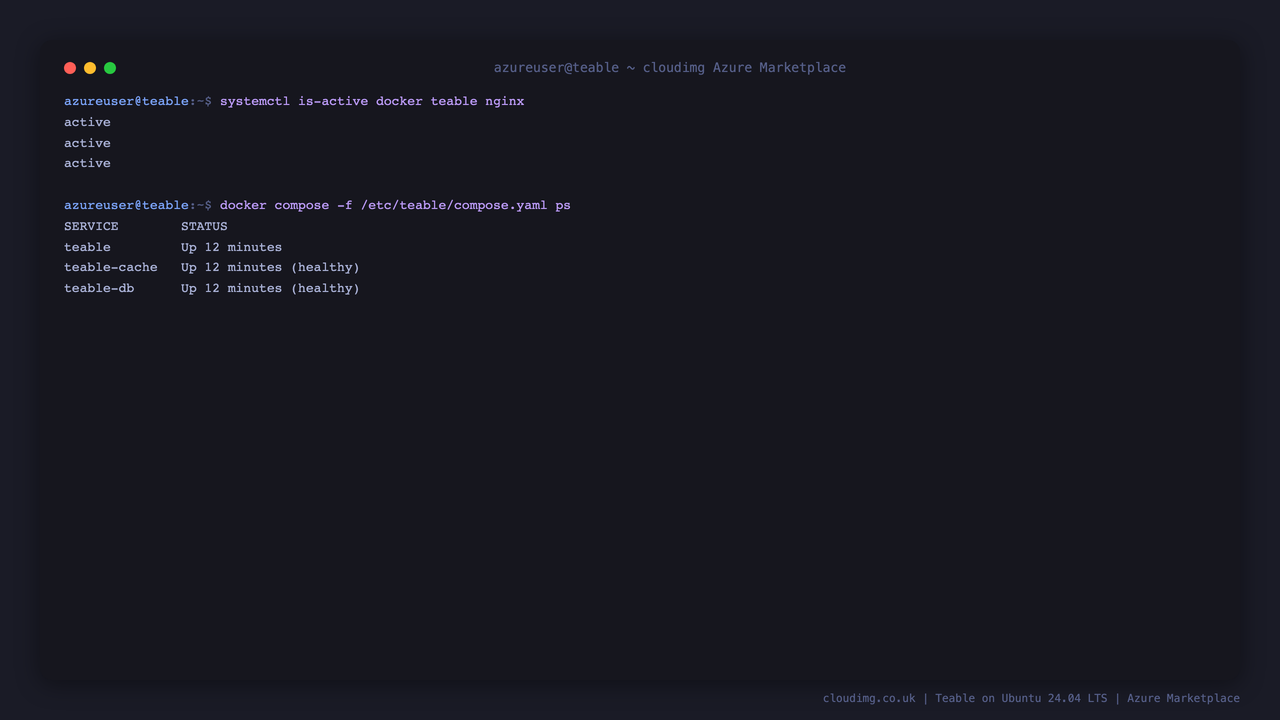 systemctl reporting docker, teable and nginx active, and the three containers running under Docker Compose