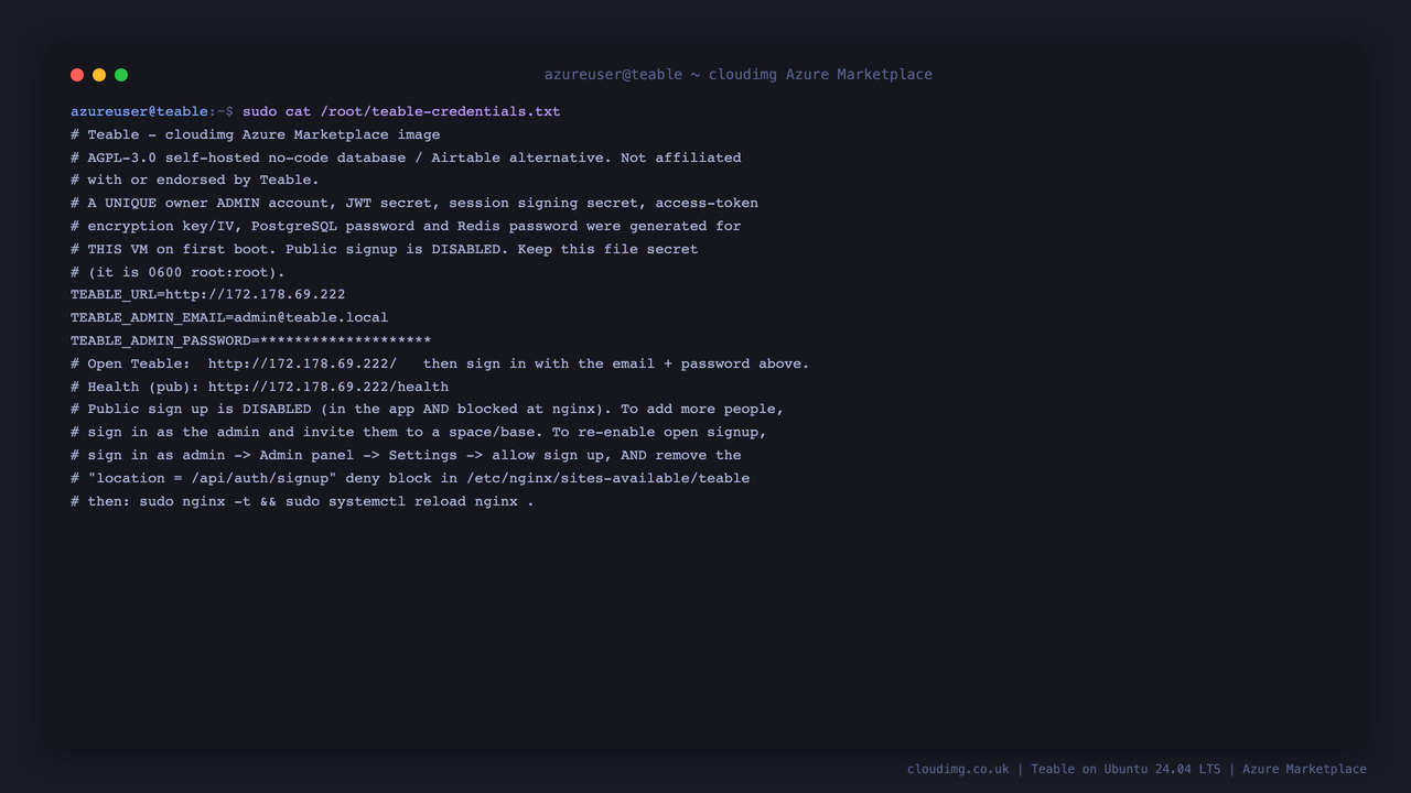The per VM access notes, with the application URL, admin email and the admin password masked