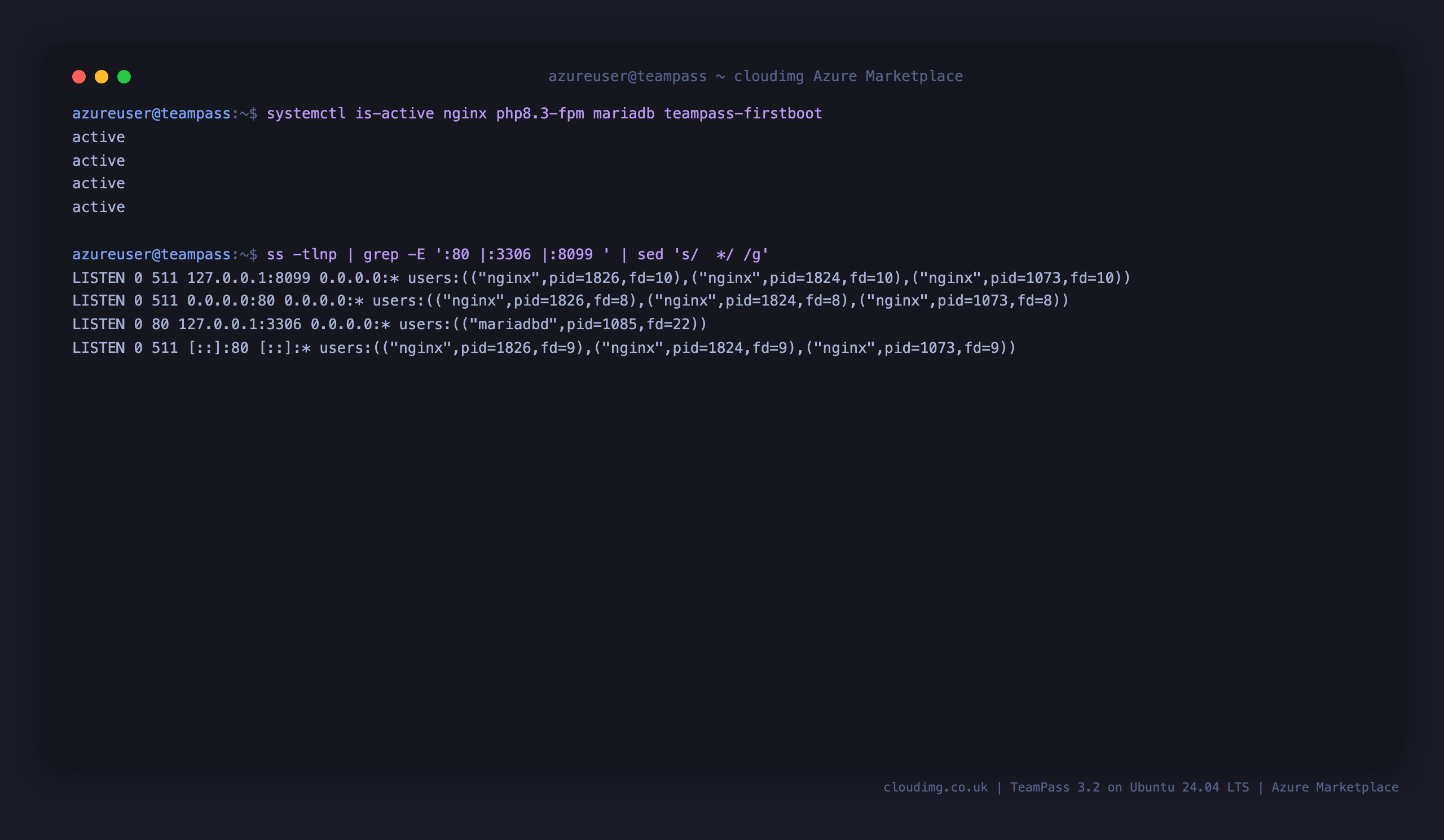 The nginx, php8.3-fpm, mariadb and teampass-firstboot services active, with nginx on port 80 and both MariaDB and the install listener bound to loopback only