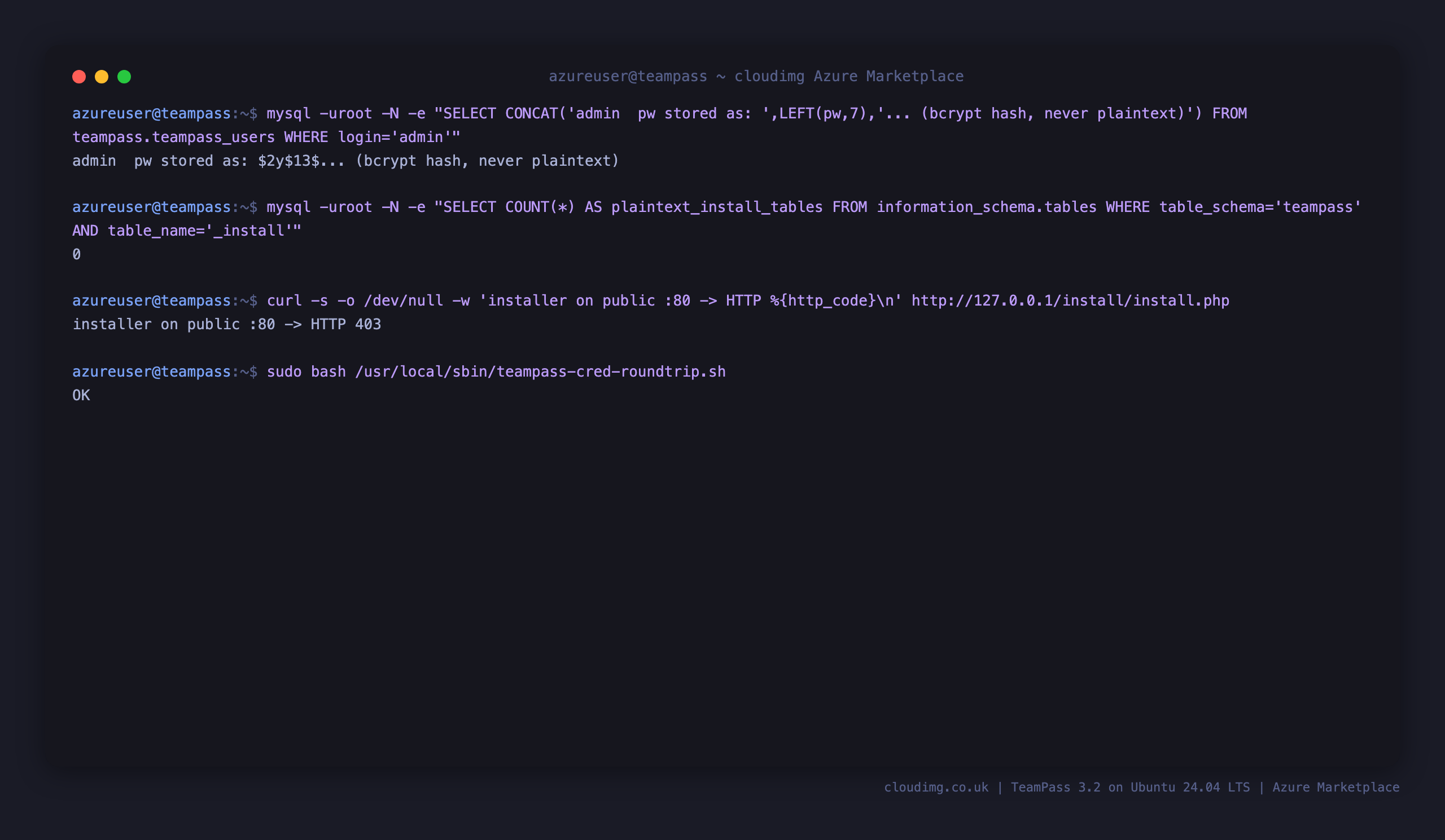 The admin password stored as a bcrypt hash, zero plaintext install tables remaining, the installer returning HTTP 403 on the public listener, and the credential round trip check passing
