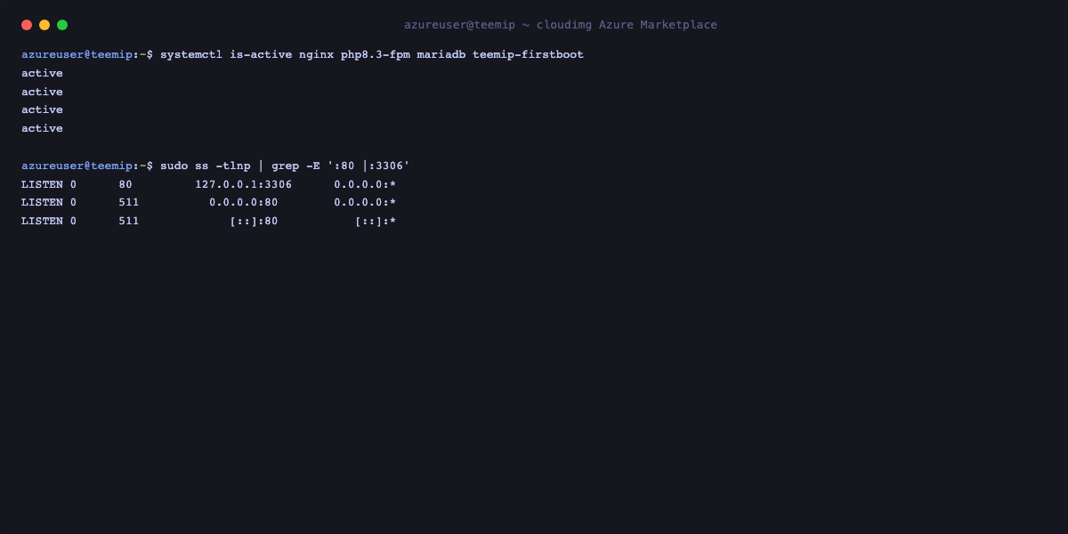 TeemIp services active and MariaDB bound to loopback only