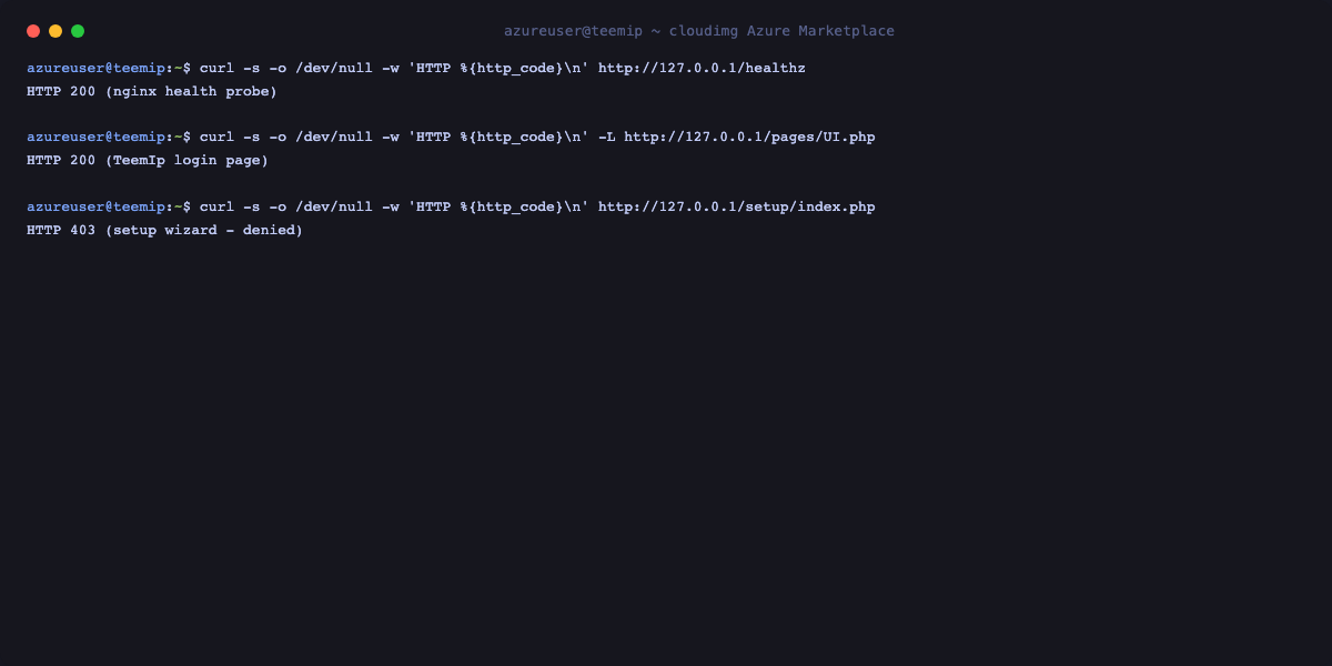TeemIp health, login and setup endpoint checks