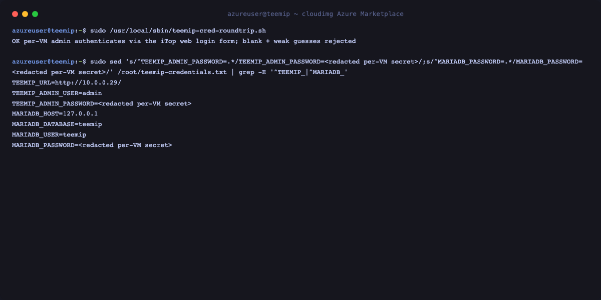 TeemIp credential round trip passes and the credentials file with secrets redacted