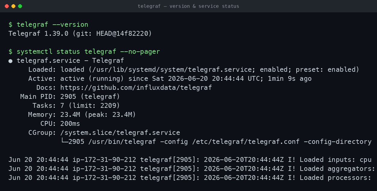 The preinstalled telegraf binary reporting version 1.39.0 and systemctl showing the telegraf service active and running the sample pipeline