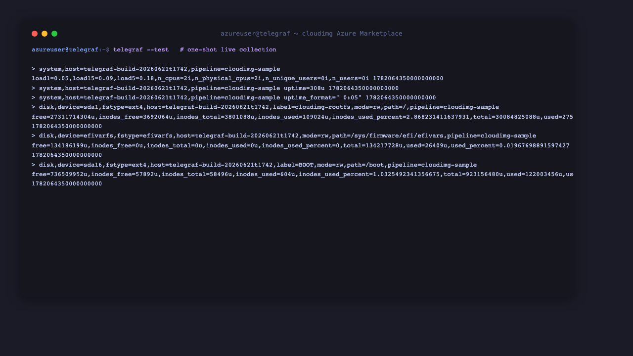 telegraf --test collecting live metrics