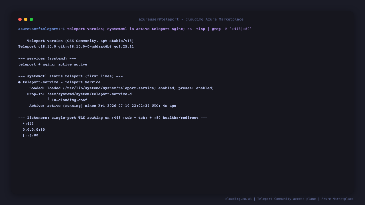 teleport.service + nginx active; Teleport v18.10.0 (Community); TLS routing on :443 and :80 healthz/redirect listeners