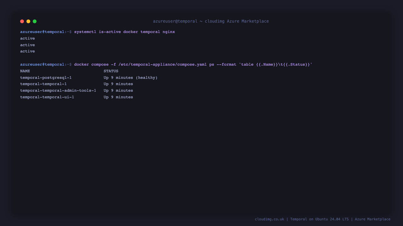 The Temporal server, Web UI, admin tools and bundled PostgreSQL containers running under systemd
