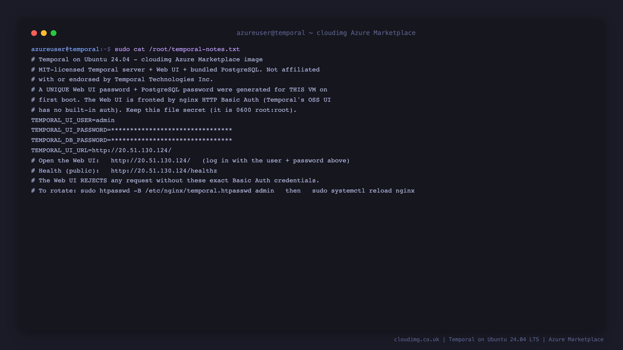 The per-VM access notes, with the Web UI password and database password masked