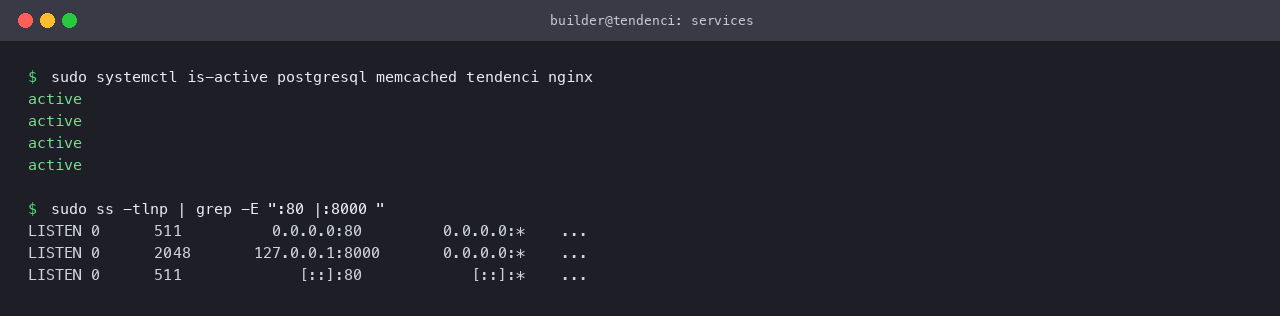 The four Tendenci services reporting active and the listening ports, nginx on 80 and gunicorn on 127.0.0.1:8000