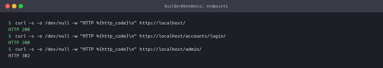 The public homepage and the login page each returning HTTP 200, and the admin redirecting an anonymous request