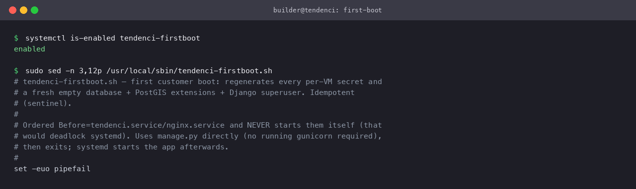 The tendenci first boot service enabled, and its script header describing the per VM secret rotation