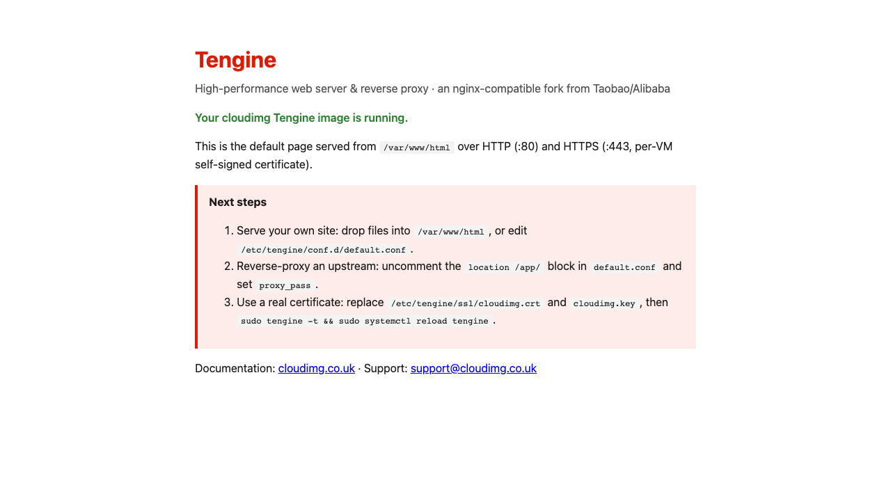 The default cloudimg Tengine landing page rendered in a browser over HTTP, confirming Tengine is serving content