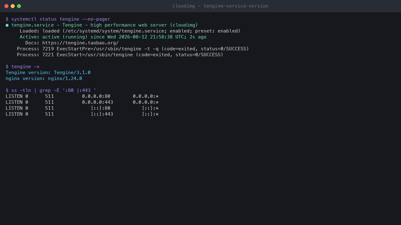 Tengine tengine.service active and enabled, tengine -v reporting Tengine/3.1.0 on nginx/1.24.0, and listening on TCP 80 and 443