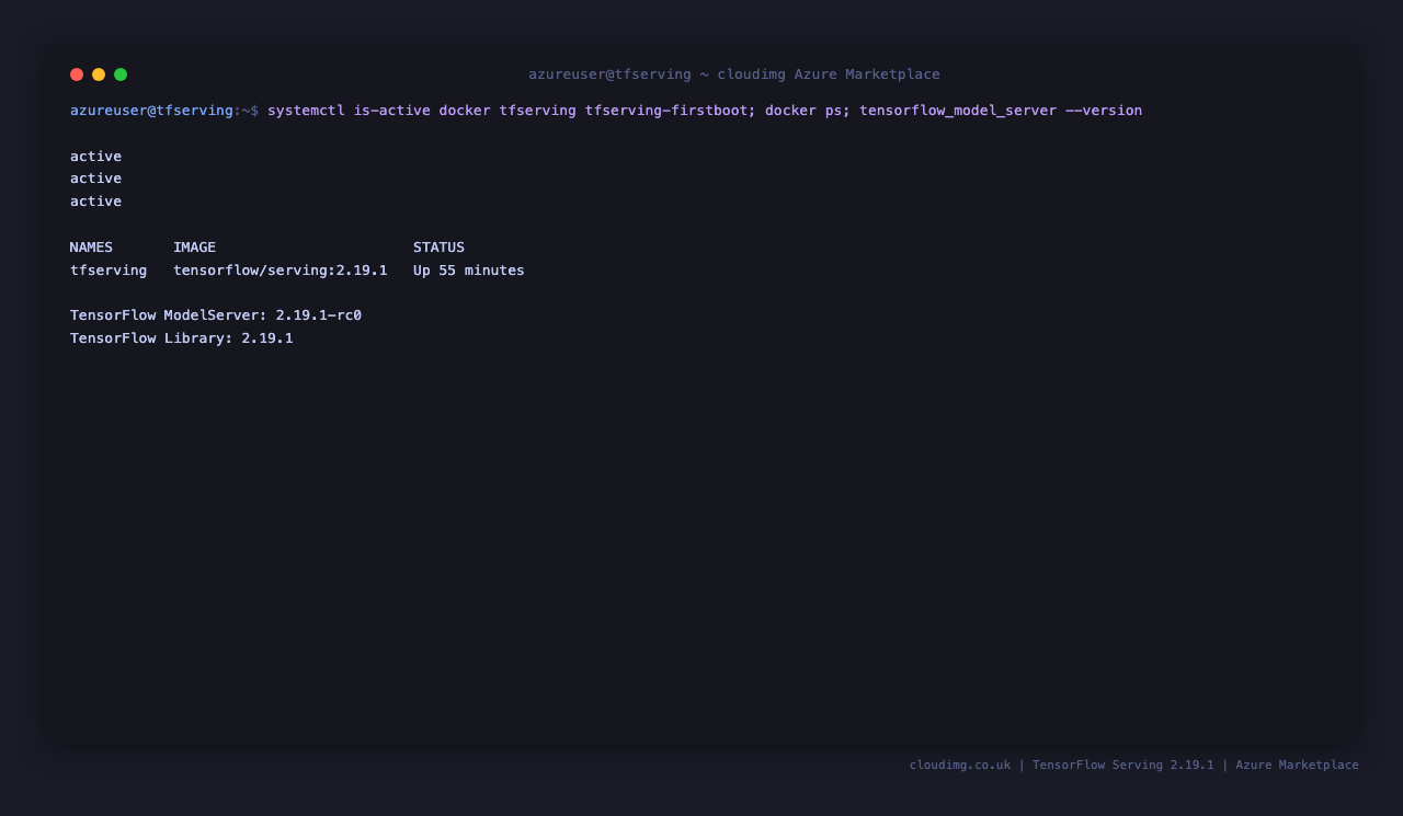 Docker, TF Serving services active and tensorflow/serving:2.19.1 container running