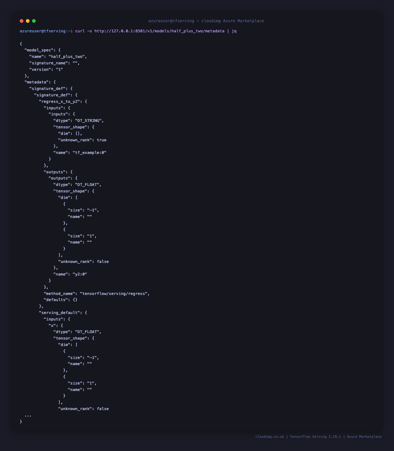 TF Serving /metadata endpoint returning model signature with input and output tensor shapes