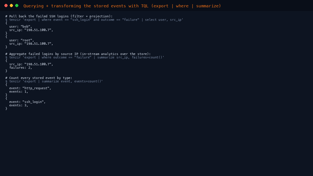 Querying and transforming the stored events with TQL