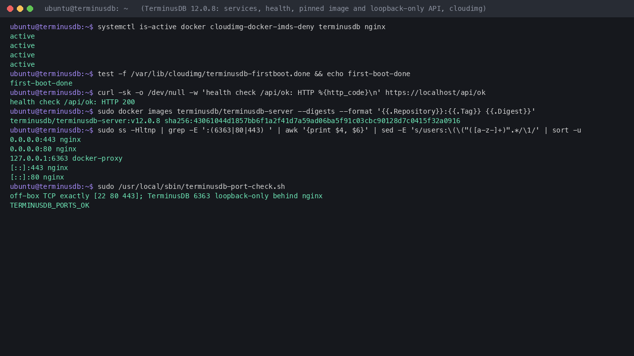 Terminal showing docker, the metadata firewall unit, terminusdb and nginx active, the first-boot marker, the /api/ok health check returning HTTP 200, the pinned TerminusDB 12.0.8 image digest, and TerminusDB listening on 127.0.0.1:6363 with nginx on 80 and 443