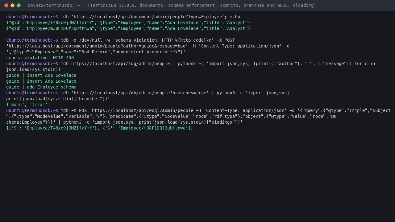Terminal showing the people database created, the Employee schema and a document inserted, the document read back, a schema violation refused with HTTP 400, the commit history, the trial branch listed next to main, and a WOQL query returning the Employee document