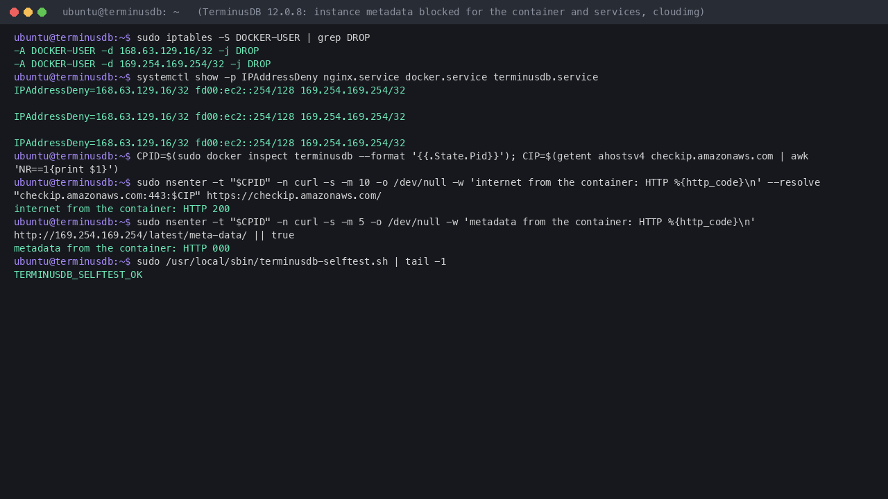 Terminal showing the DOCKER-USER rules dropping 169.254.169.254 and 168.63.129.16, IPAddressDeny on nginx, docker and terminusdb, the container reaching the internet but not the instance metadata service, and the appliance self-test passing