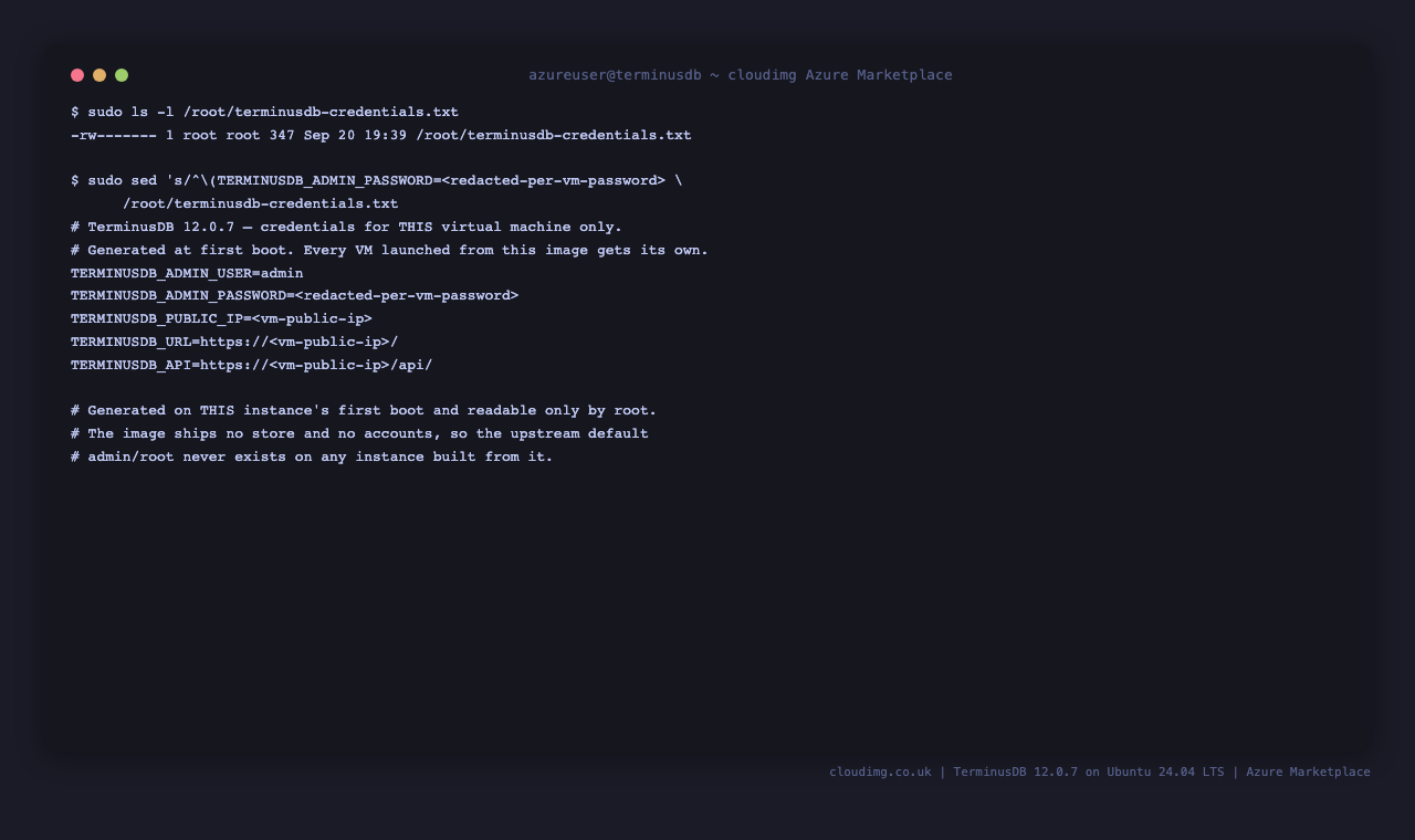 The per-VM credentials file, with the password redacted