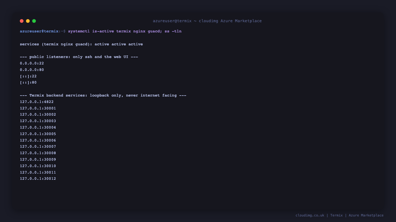 The termix, nginx and guacd services active, only ports 22 and 80 bound publicly, and every Termix backend service bound to 127.0.0.1