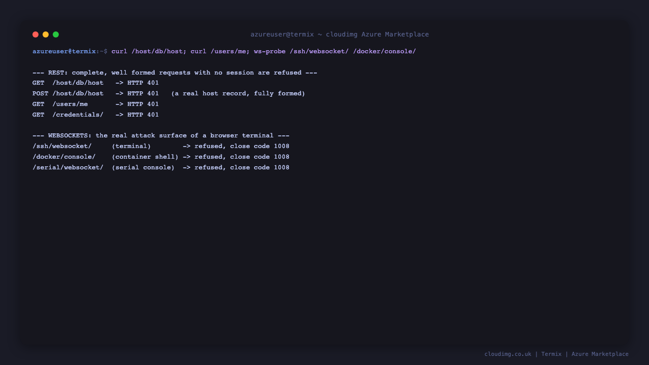 Unauthenticated REST requests returning HTTP 401 and all three websocket endpoints refusing the connection with close code 1008