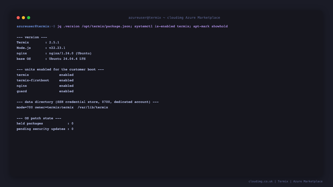 The deployed Termix version, all four units enabled for the customer boot, the 0700 data directory owned by the termix service account, and a fully patched OS