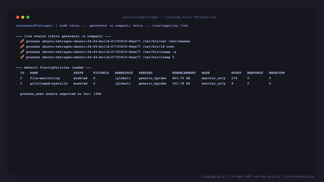 Structured JSON events and the loaded default TracingPolicy set