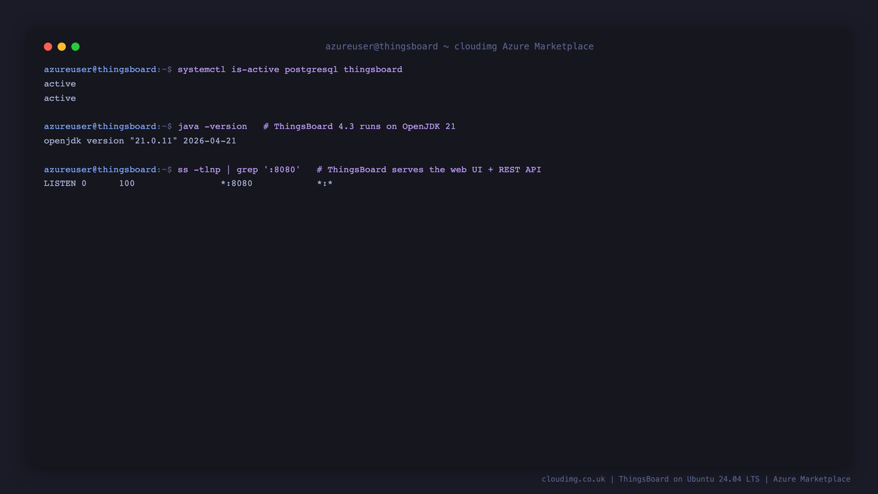 ThingsBoard and PostgreSQL services active, ThingsBoard running on OpenJDK 21, and the platform listening on port 8080