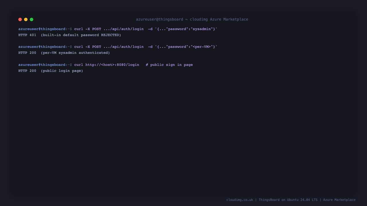 Secure by default — the documented default password is rejected and the per-VM credential authenticates