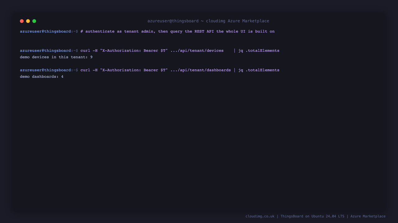 Authenticating as the tenant administrator and reading the demo device inventory through the REST API