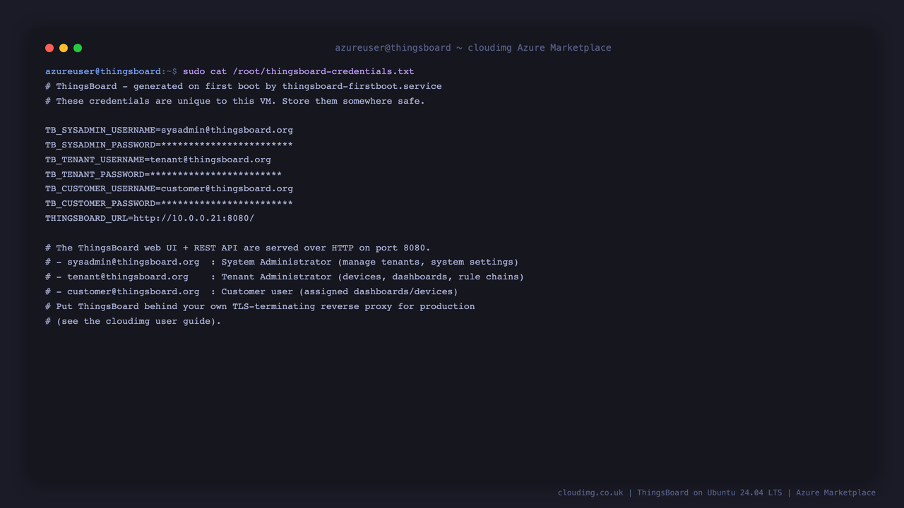 The per-VM logins generated at first boot, written to a root-only file with the database password masked