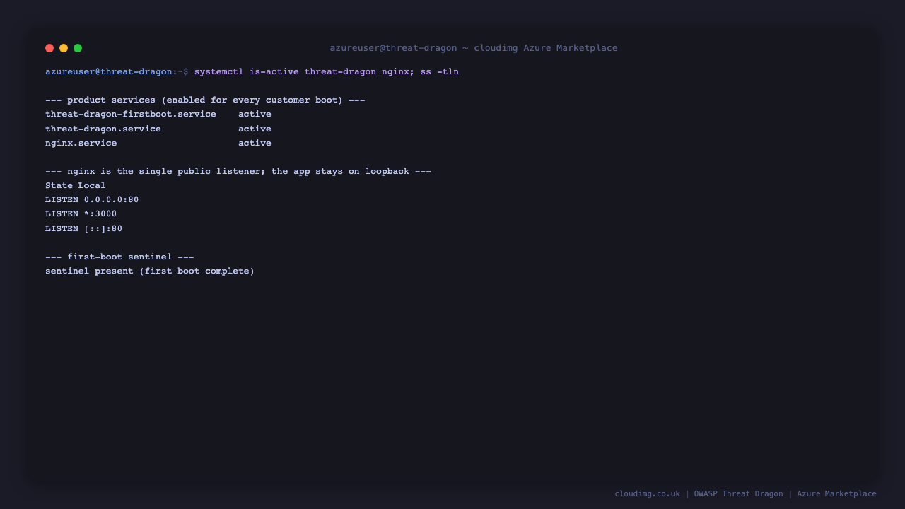 All four Threat Dragon services active, nginx listening on port 80 and the application on port 3000