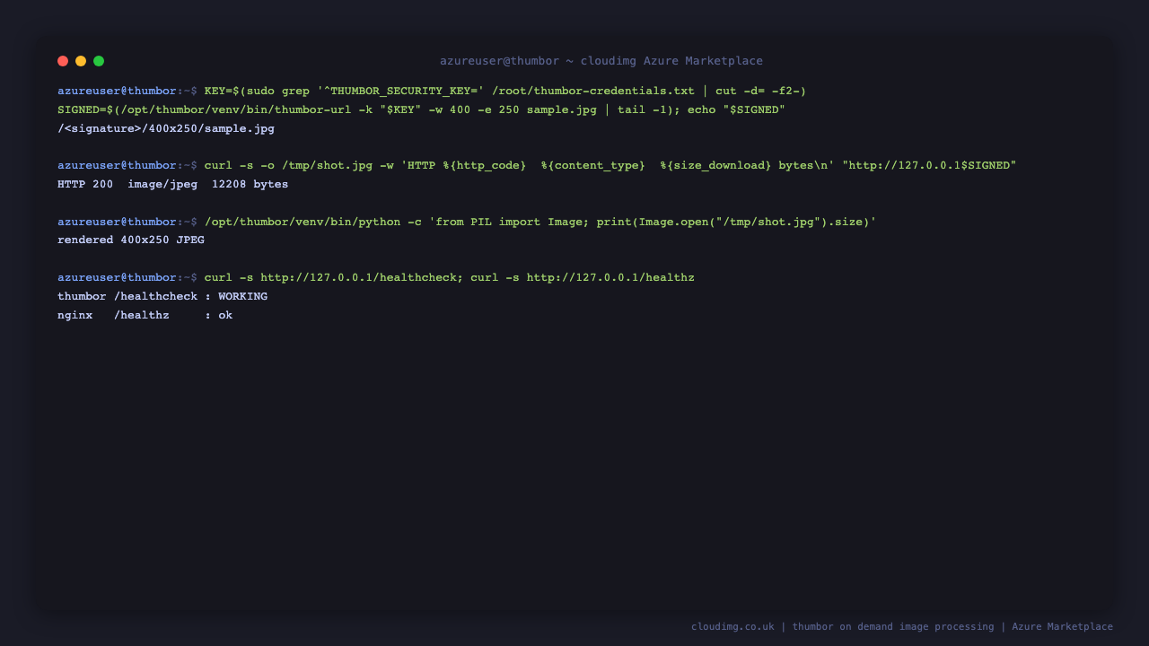 Generating a signed 400 by 250 rendition URL with thumbor-url, fetching it over HTTP for a 200 image/jpeg response, decoding it to confirm the pixel dimensions are exactly 400 by 250, and the thumbor and nginx health endpoints both responding