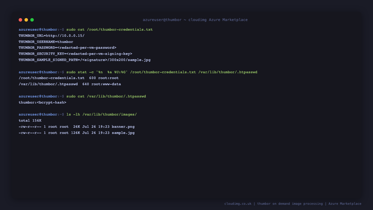 The per VM credentials file listing the instance URL, demo page username, password and signing key with the secrets redacted, the 0600 root only permissions on the credentials file, the bcrypt only .htpasswd, and the two bundled sample images in the image library