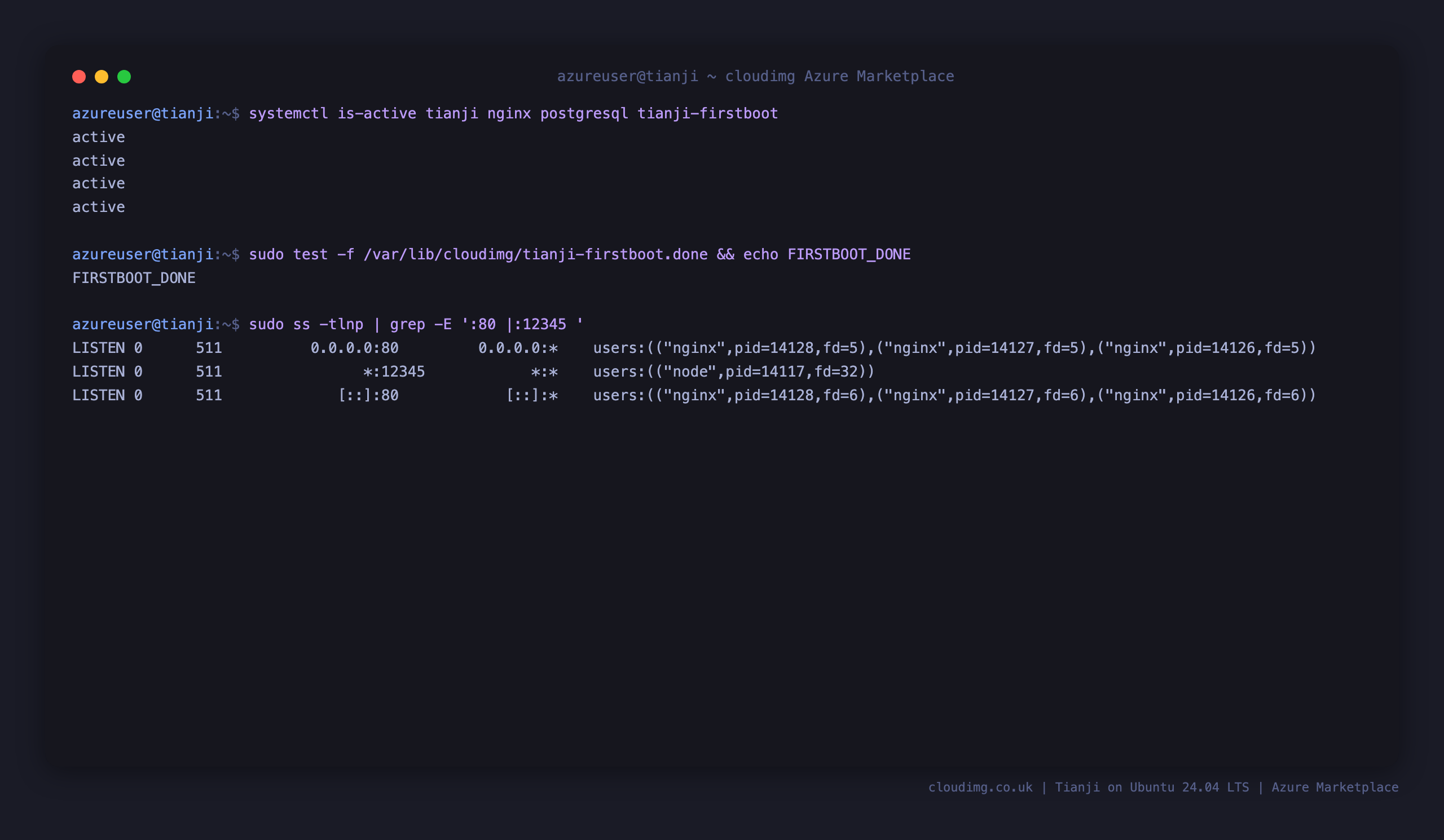 Tianji, nginx, PostgreSQL and the firstboot service all active, first boot complete, with nginx bound to public port 80 and the Node.js server on 12345