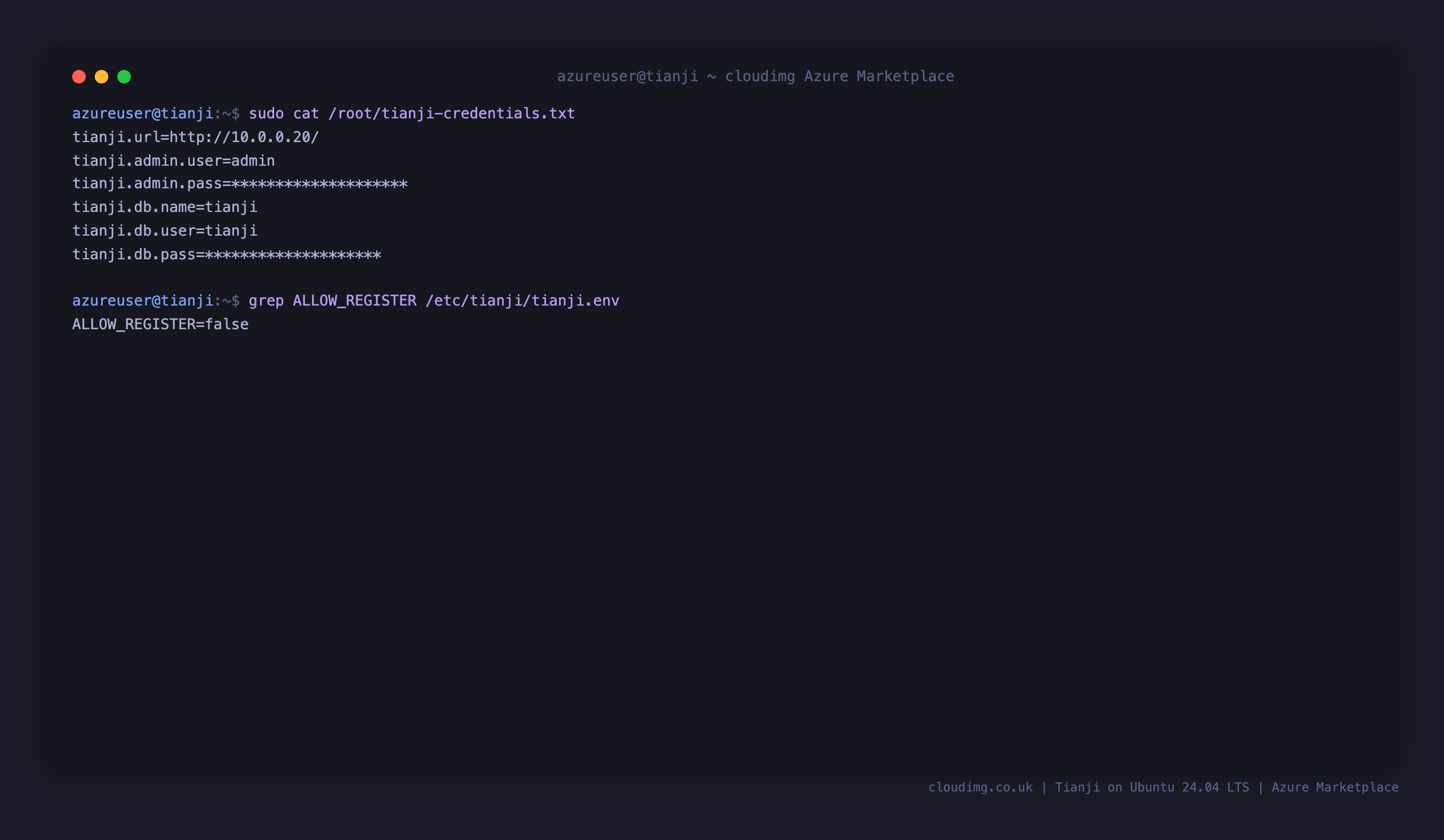 The per VM Tianji credentials file with the admin and database passwords masked, and open registration disabled in the environment file