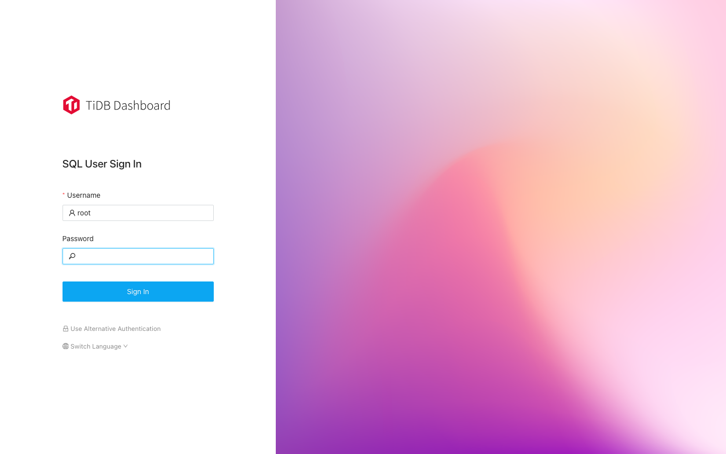 TiDB Dashboard sign-in page