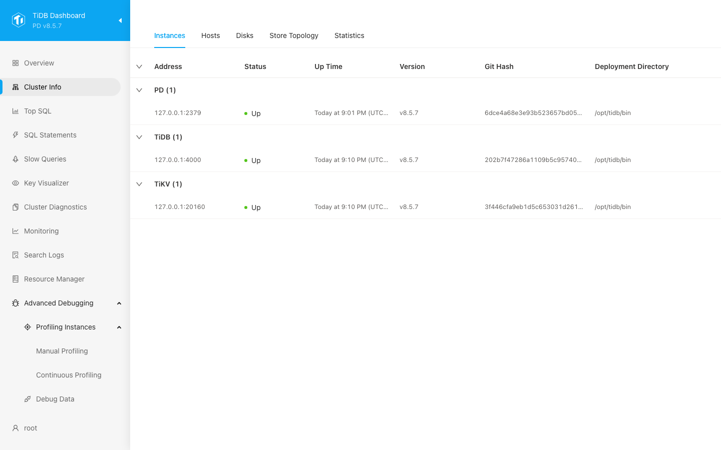 TiDB Dashboard cluster info with the PD, TiDB and TiKV instances