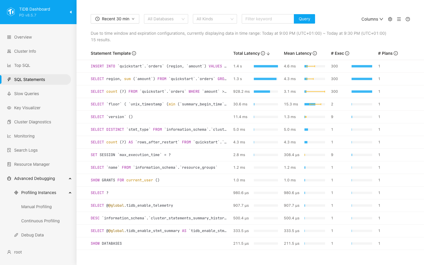 TiDB Dashboard SQL statements view
