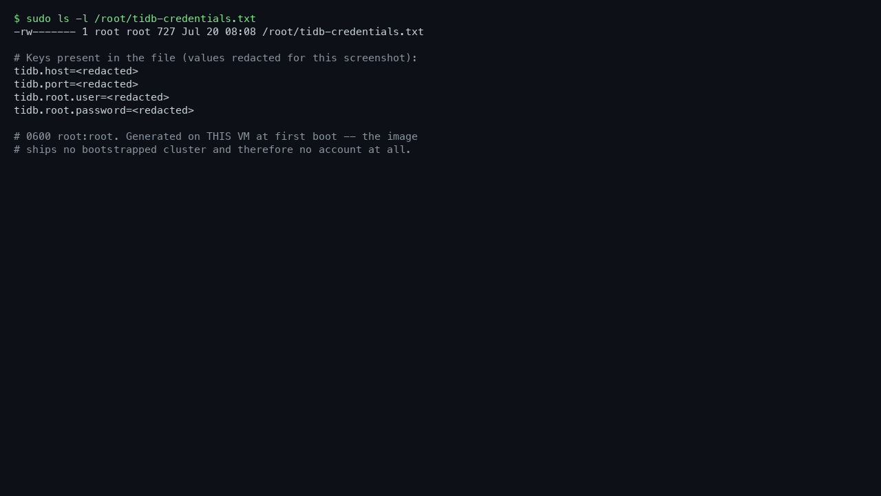 The per-VM credentials file exists at 0600 root:root