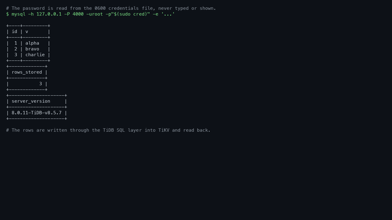 A real CREATE, INSERT and SELECT round trip through TiKV