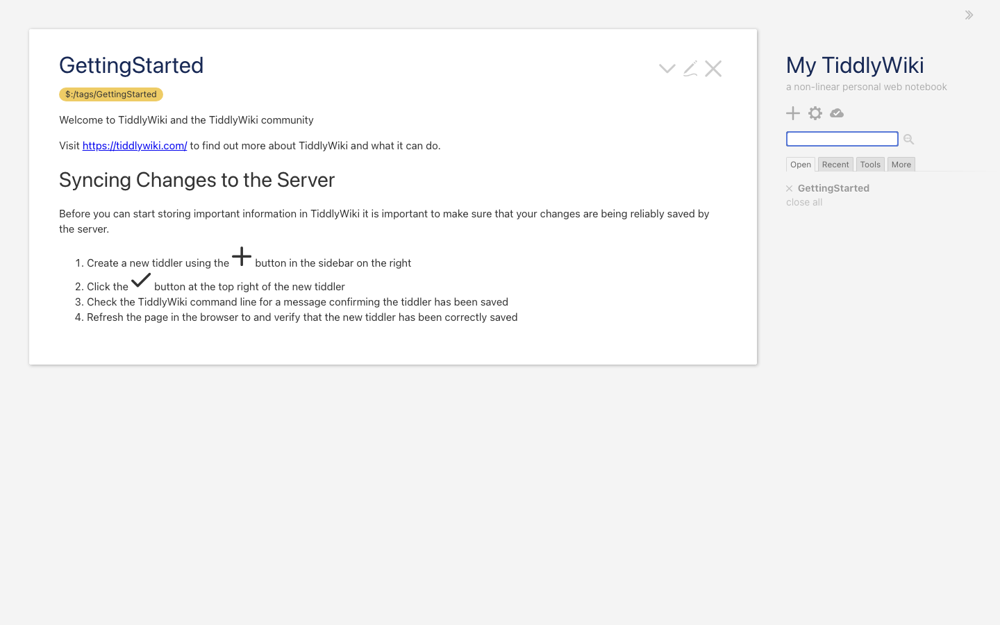 The TiddlyWiki notebook view with the GettingStarted tiddler in the story river and the sidebar with the new tiddler, control panel and sync buttons, search box and tabs