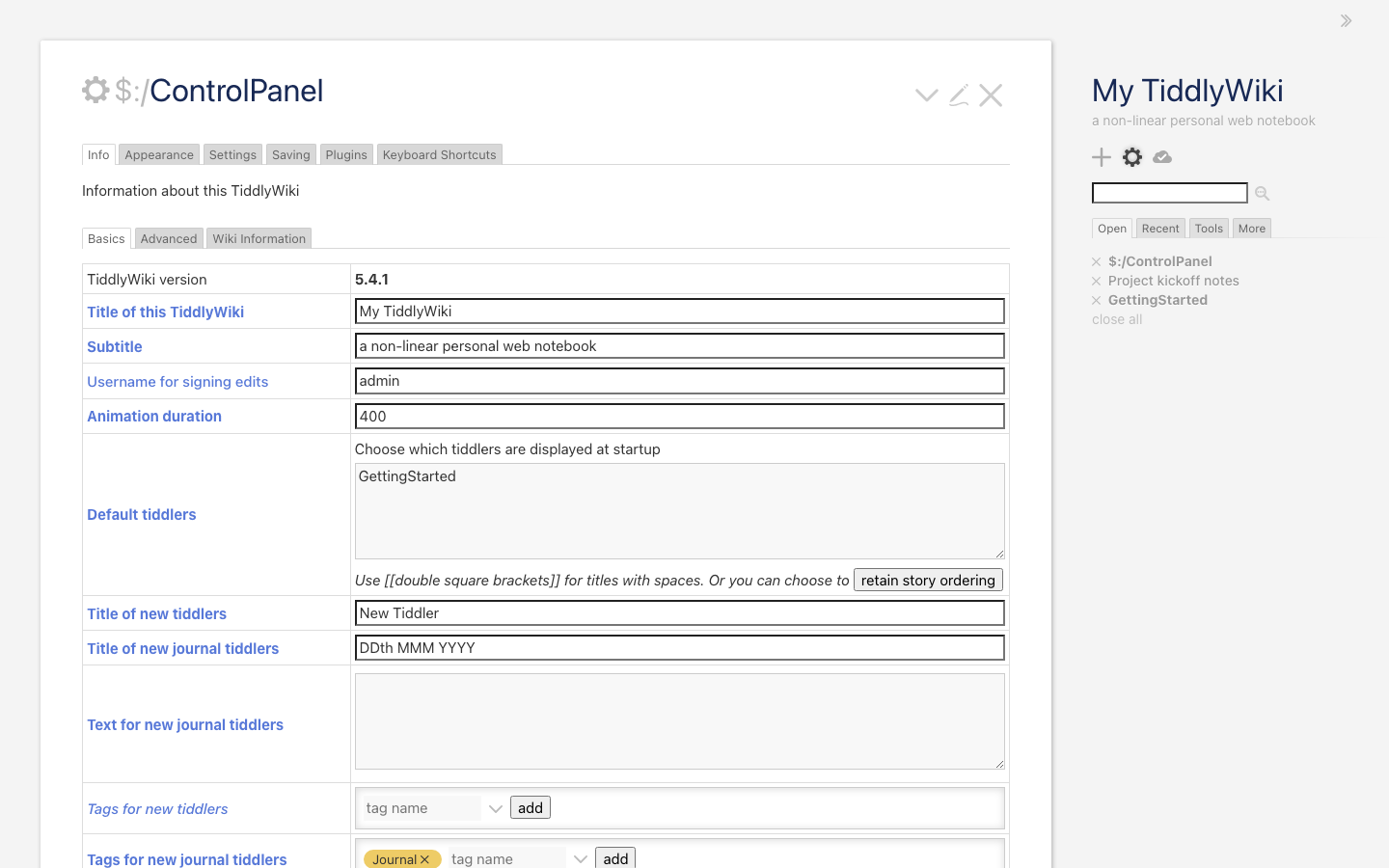 The TiddlyWiki Control Panel Info tab showing version 5.4.1, the title, subtitle, signing user admin and the default tiddlers