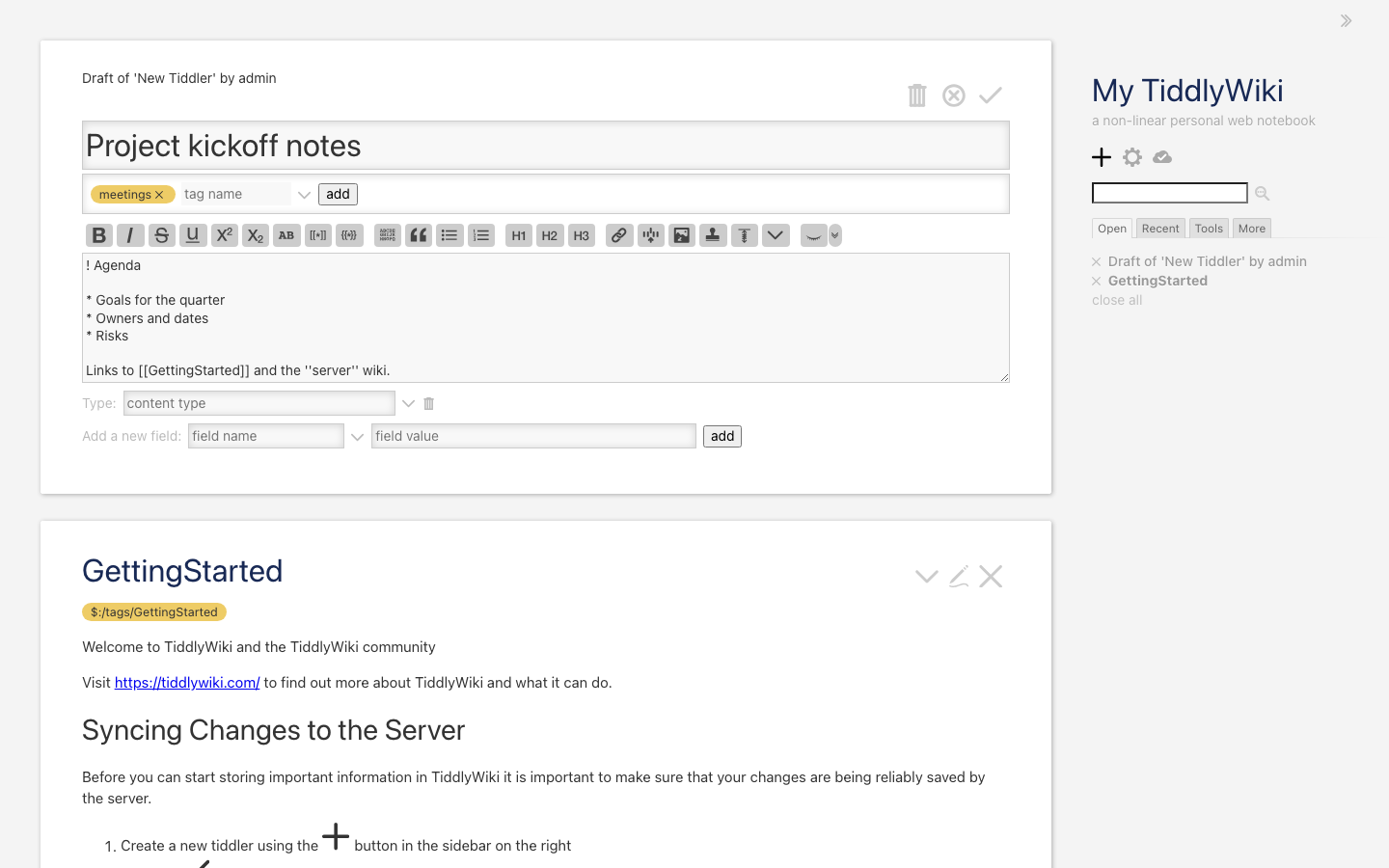 Editing a new tiddler titled Project kickoff notes, tagged meetings, with the formatting toolbar and an agenda list in the body