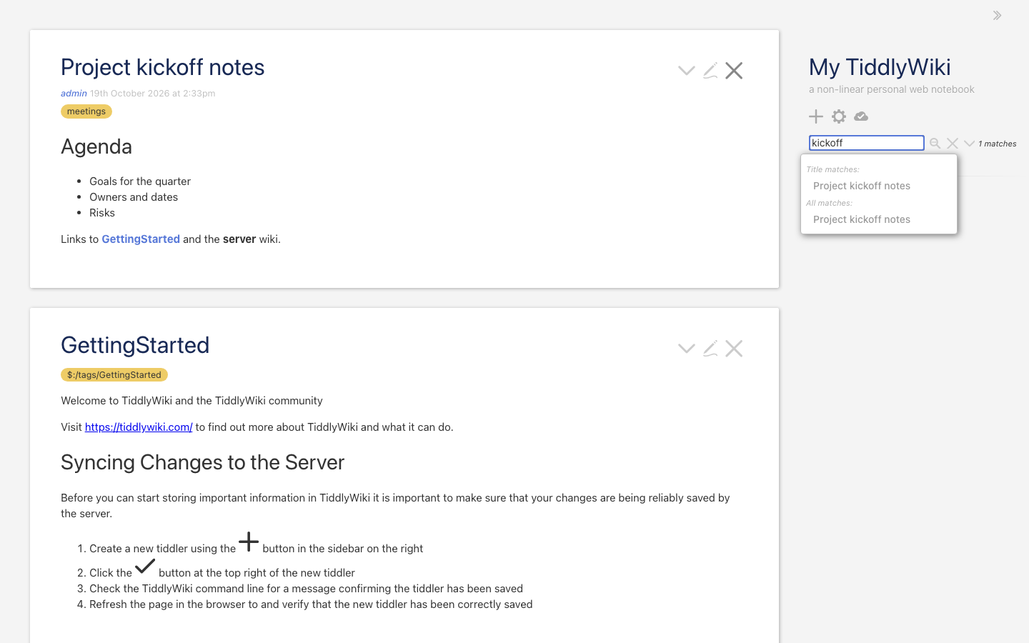Searching for kickoff: the dropdown lists the Project kickoff notes tiddler under title matches and all matches