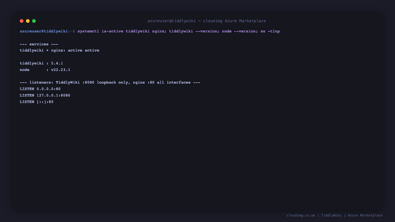 tiddlywiki.service and nginx.service active, the TiddlyWiki version, and the loopback and public listeners