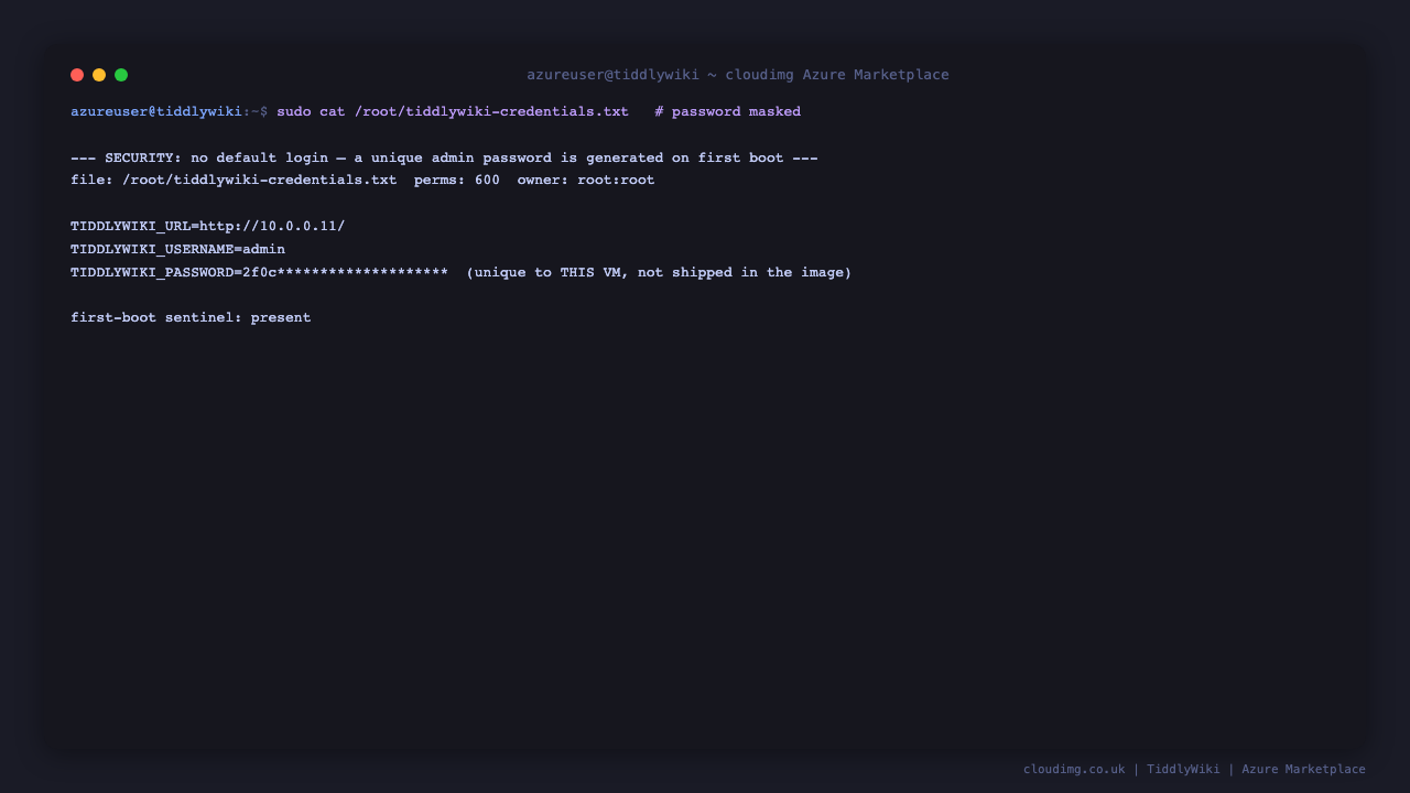 The per-VM credentials file with the generated admin password and URL, its root-only permissions, and the first-boot sentinel