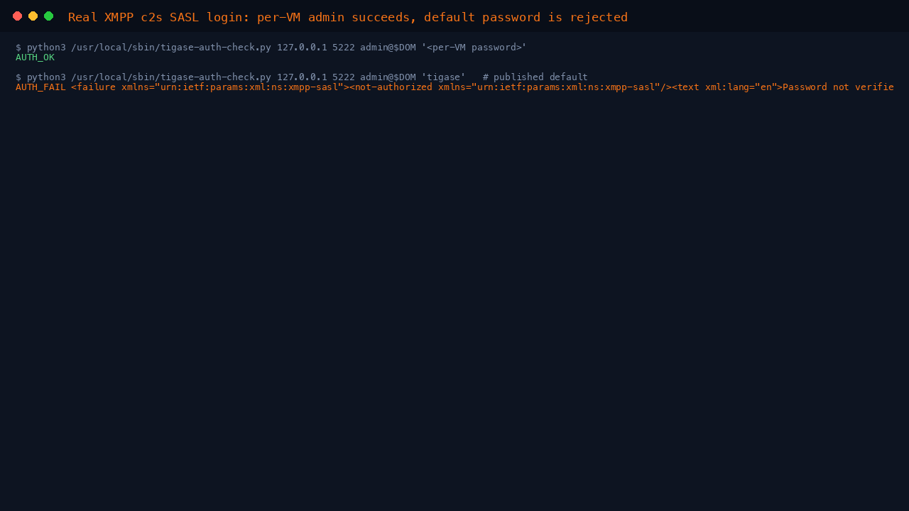Real XMPP c2s SASL login round-trip in the terminal