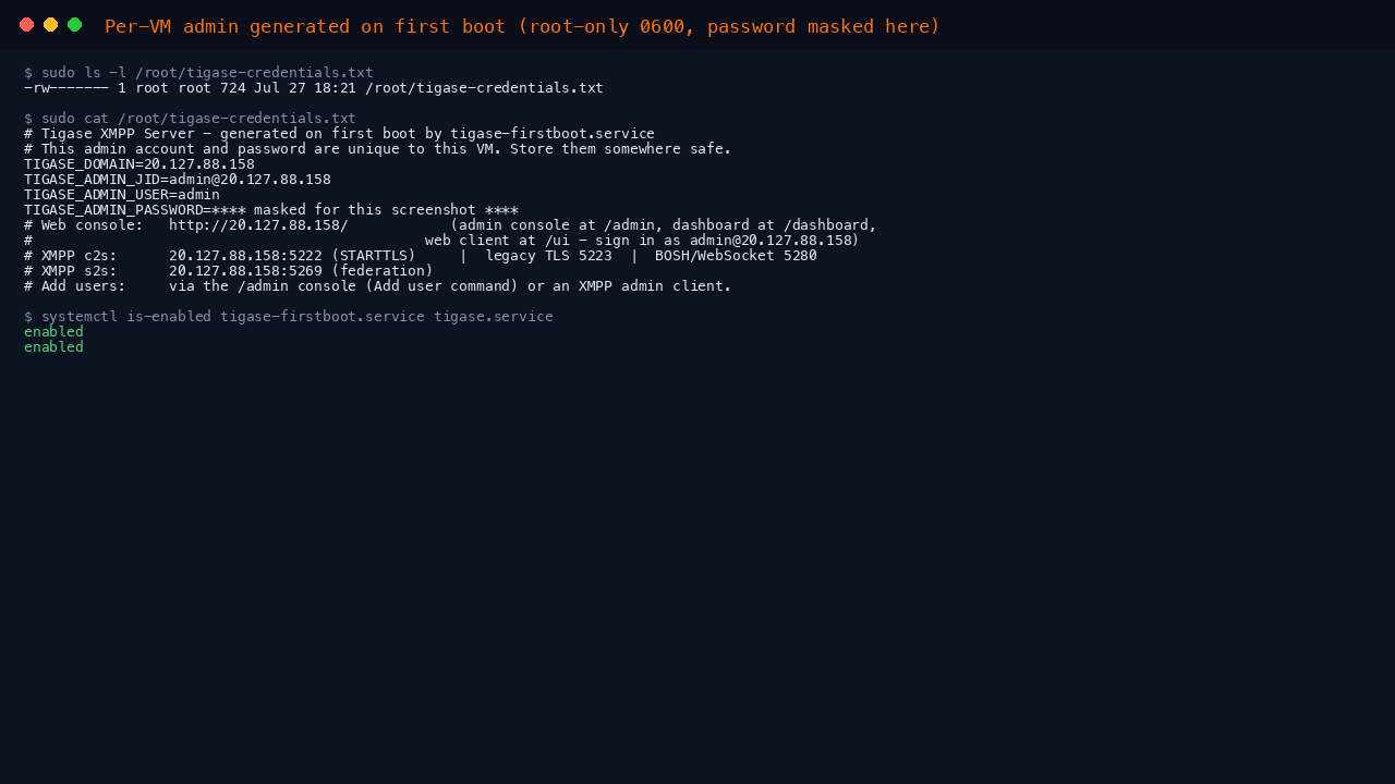 Per-VM administrator credentials file, password masked